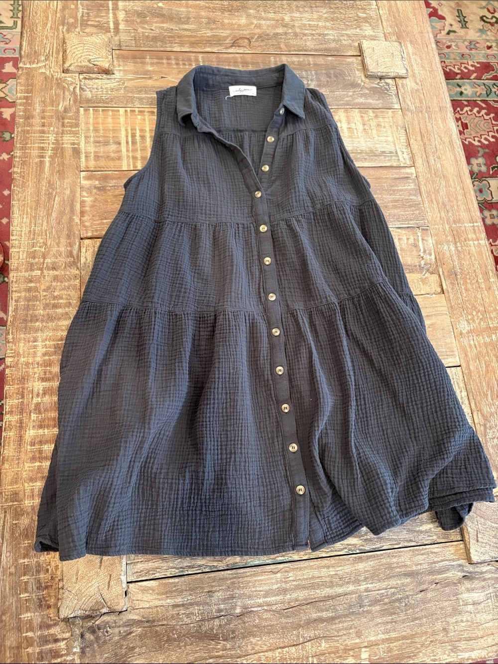 Carly Jean Los Angeles Cotton Gauze Tiered Shirt Dress Charcoal Petite L